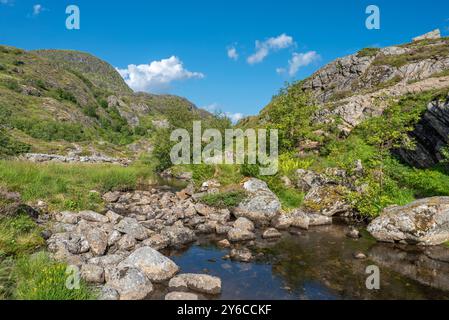 Image de paysage avec le ruisseau de montagne Studalselva près de Munkebu-stig, Sorvagen, Lofoten, Norvège, Europe Banque D'Images