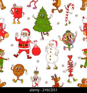 Groovy drôle de personnages de Noël sans couture avec Santa, bonhomme de neige, arbre de Noël, boule disco, boule, mug rouge et renne avec canne en bonbons. Carreau de fête et de vacances de vecteur de dessin animé ou wrappingV Illustration de Vecteur