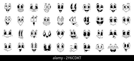 Dessin animé comique drôle groovy face émotion et personnages emoji mignons rétro. Visages souriants heureux de personnages vectoriels d'animation vintage avec des yeux et des bouches excentriques, des coeurs, des langues taquinantes et une moustache Illustration de Vecteur