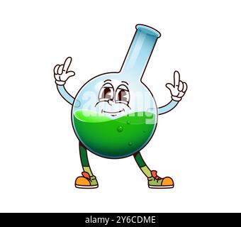 Personnage de flacon de chimie d'école groovy avec liquide vert et chaussures à la mode. Bécher en verre de laboratoire de vecteur de dessin animé, personnage de verrerie scientifique avec les doigts levés, prêt pour l'éducation et le plaisir scientifique Illustration de Vecteur