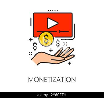 Icône de ligne de monétisation de blog ou de vlogging. Créateur de contenu Blogger, vidéo de médias sociaux ou icône vectorielle de contour de blog en ligne. Signe de ligne mince multimédia Web avec main humaine, lecteur vidéo et pièces de monnaie Illustration de Vecteur