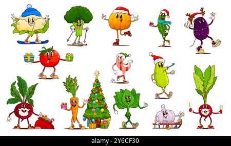 Personnages de légumes de Noël groovy, nourriture de ferme hippie psychédélique vecteur. Tomate drôle, carotte, brocoli et courgettes personnages de légumes avec arbre de Noël groovy, boîtes cadeaux, chapeau rouge Santa et sac Illustration de Vecteur