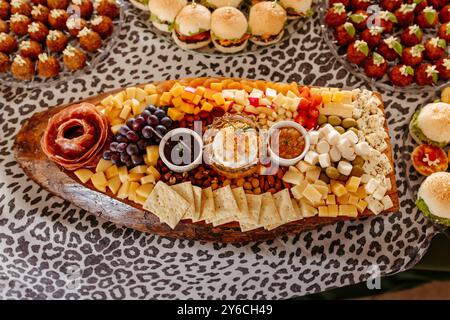 Une planche de charcuterie magnifiquement agencée avec divers fromages, viandes, fruits et craquelins sur une nappe à motifs. Banque D'Images