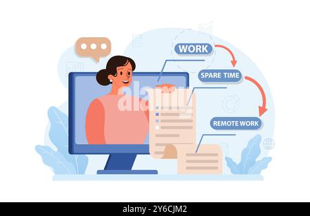Travail hybride. Personnages avec un horaire flexible, travaillant au bureau et à la maison. Télétravail et externalisation, le travail des employés dans le monde entier. Idée numérique nomade ou freelance. Illustration vectorielle plate Illustration de Vecteur