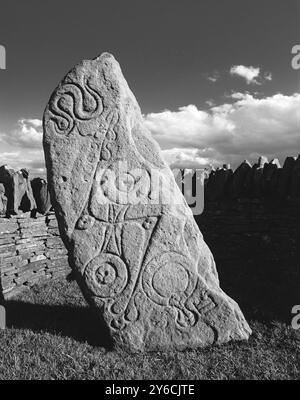 La Pierre de Serpent (Aberlemno I), l'une des pierres sculptées par Aberlemno à Angus, en Écosse. Il s'agit d'une petite collection de pierres pictes sculptées du VIIe ou VIIIe siècle de notre ère. Aberlemno I est une pierre debout préhistorique réutilisée, considérée comme étant toujours dans sa position originale. Les symboles comprennent un serpent, un miroir et un peigne, et un double disque - les significations sont inconnues. Banque D'Images