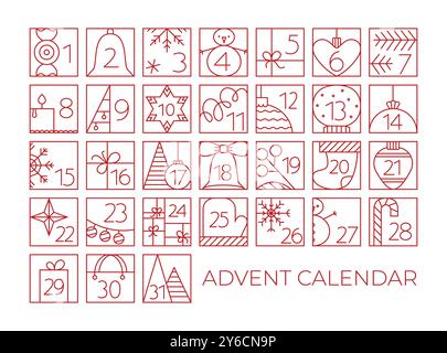 Éléments du calendrier de l'Avent de décembre de Noël avec des illustrations de lignes mignonnes. Grille de contour avec bonhomme de neige, jouet, icône de cloche. Illustration de Vecteur