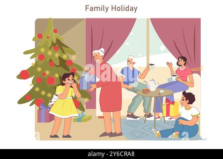 Grande famille heureuse célébrant Noël. Personnages échangeant des cadeaux le matin de vacances. Grands-parents, parents et enfants suivant des traditions festives. Illustration vectorielle plate Illustration de Vecteur