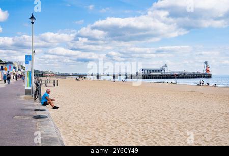 La jetée du 19ème siècle à Bournemouth, Dorset, Angleterre avec les plages de sable environnantes. Banque D'Images