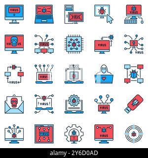 Icônes de couleur de virus informatique définies. Virus PC et signes vectoriels de bugs. Symboles de ligne du concept de sécurité Internet Illustration de Vecteur