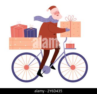 Le Père Noël fait du vélo et transporte de nombreuses boîtes cadeaux. Carte postale de Noël. Illustration de Vecteur