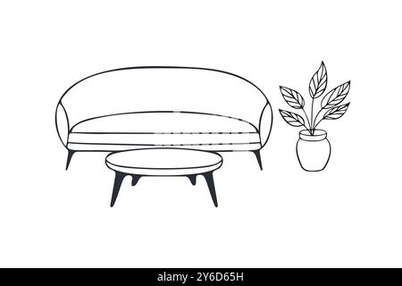 Intérieur style minimaliste canapé confortable et table basse et pot de fleurs en pot, contour stylisé dessin. Illustration vectorielle Illustration de Vecteur