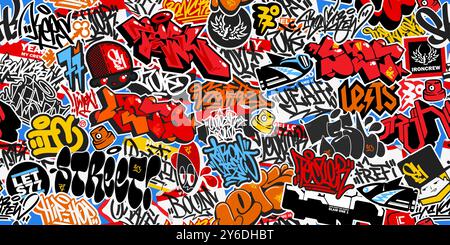 Abstrait sans couture coloré Urban Graffiti style Sticker Bombing avec un lettrage Street Art Illustration de Vecteur