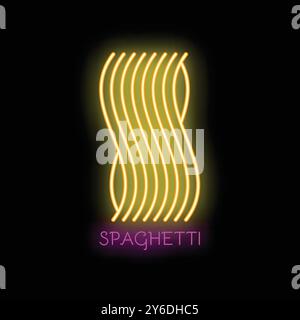 Enseigne au néon jaune vif représentant des spaghettis avec le mot spaghetti écrit en dessous Illustration de Vecteur