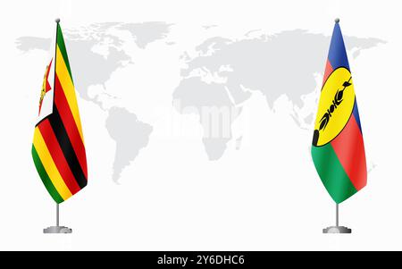 Drapeaux du Zimbabwe et de la Nouvelle-Calédonie pour la réunion officielle sur fond de carte du monde. Illustration de Vecteur