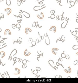 OH bébé texte et fond de modèle sans couture de vecteur arc-en-ciel. Message neutre de genre mignon pour les invitations et les produits de douche de bébé. Lettré à la main Illustration de Vecteur