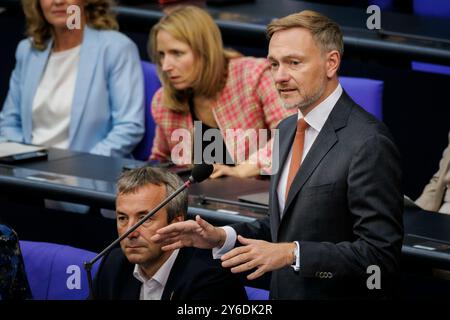 Berlin, Deutschland. 25 septembre 2024. Christian Lindner (FDP), ministre fédéral des Finances, photographié lors de son discours d’ouverture au Bundestag allemand à Berlin, le 25 septembre 2024. Crédit : dpa/Alamy Live News Banque D'Images