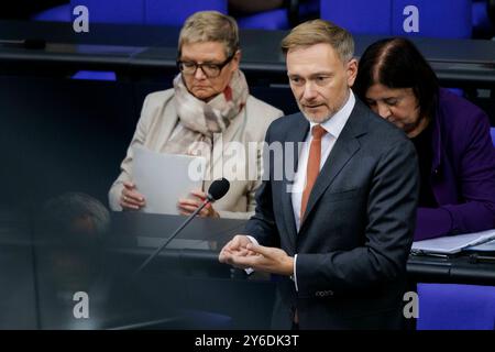 Berlin, Deutschland. 25 septembre 2024. Christian Lindner (FDP), ministre fédéral des Finances, photographié lors de son discours d’ouverture au Bundestag allemand à Berlin, le 25 septembre 2024. Crédit : dpa/Alamy Live News Banque D'Images