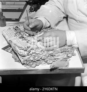 MARIO PINZUTI EXAMINE UN LIVRE ENDOMMAGÉ À ROME ; 25 AVRIL 1963 Banque D'Images