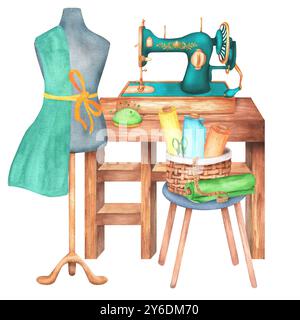 Machine à coudre, un panier avec rouleaux de tissu, ruban à mesurer, coussinet, mannequin, ciseaux. Sur mesure. Clipart de couture. Aquarelle dessinée à la main Ill Banque D'Images