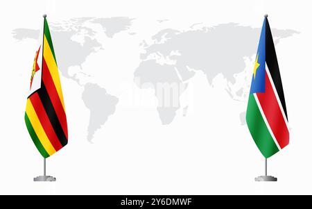 Le Zimbabwe et le Soudan du Sud drapeaux pour la réunion officielle sur fond de carte du monde. Illustration de Vecteur