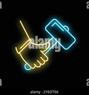 Enseigne lumineuse au néon représentant une main de travailleur de la construction tenant un marteau de forge sur un fond noir Illustration de Vecteur