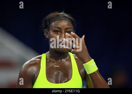Pékin, Chine. 25 septembre 2024. Alycia Parks des États-Unis réagit lors du match de premier tour féminin contre Wang Qiang de Chine lors du tournoi de tennis de l'Open de Chine 2024 à Pékin, capitale de la Chine, le 25 septembre 2024. Crédit : Bai Xuefei/Xinhua/Alamy Live News Banque D'Images