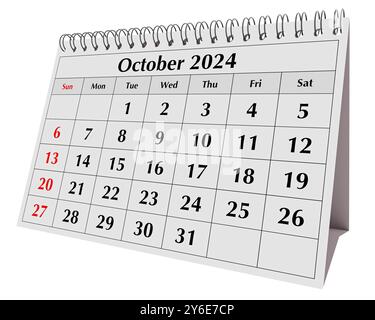 Calendrier d'octobre 2024. Page du calendrier mensuel annuel du bureau d'affaires isolée sur fond blanc Banque D'Images