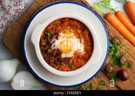 Tapa espagnole d'oeuf cuit au four avec chorizo ​​and tomate. Table vue sur le dessus avec décorations. Banque D'Images