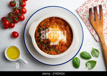 Tapa espagnole d'oeuf cuit au four avec chorizo ​​and tomate. Table vue sur le dessus avec décorations. Banque D'Images