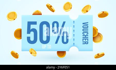 coupon 3d avec pièces d'or et boîte actuelle. Cadeau spécial avec coupons ou bon, pourcentage de réduction. Modèle de bon cadeau et d'affiche de pièce d'or. illustration vectorielle 3d. Illustration de Vecteur