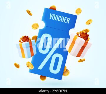 coupon 3d avec pièces d'or et boîte actuelle. Cadeau spécial avec coupons ou bon, pourcentage de réduction. Modèle de bon cadeau et d'affiche de pièce d'or. illustration vectorielle 3d. Illustration de Vecteur