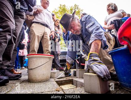 Schwerin, Allemagne. 25 septembre 2024. Gunter Demnig, artiste de Cologne, pose des pierres de trébuchement à la mémoire des victimes du national-socialisme. La famille Löwenthal et ses enfants Renate (12 ans) et Eddie (5 ans), morts dans le camp de concentration d’Auschwitz, seront commémorés à Demmlerplatz. Au total, douze nouvelles Stolpersteine seront posées à Schwerin. Demnig posa les pierres avec des plaques de laiton devant les derniers lieux de résidence du peuple. Crédit : Jens Büttner/dpa/Alamy Live News Banque D'Images