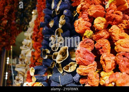 Poivrons rouges déshydratés, aubergines et courgettes en vente dans un bazar turc. Paquets de légumes séchés sur le vieux marché de Gaziantep, Turquie. Banque D'Images