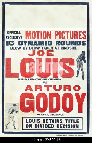 Joe Louis v. Arturo Godoy film de combat de boxe pris au bord du ring (Triangle Poster Printing, 1940) Banque D'Images