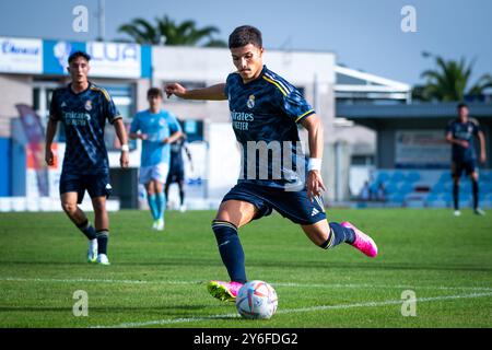 Sanxenxo, Espagne. 21 septembre 2024. Pré-saison Real Madrid Juvenil A vs Celta C. Youssef Enriquez ; yusi Banque D'Images