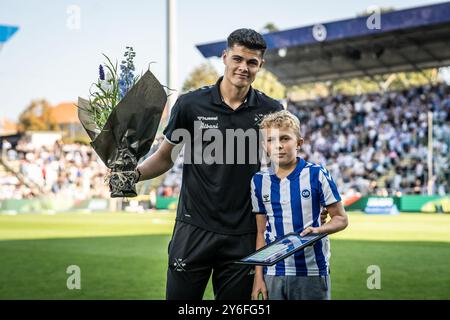 Odense, Danemark. 22 septembre 2024. Luca Kjerrumgaard d'Odense BK vu avant le match NordicBet Liga entre Odense BK et FC Roskilde au Parc naturel Energy Park à Odense. Banque D'Images
