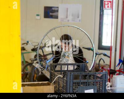 Femme qualifiée fixant la roue de vélo dans un atelier de réparation occupé rempli d'outils et de pièces de rechange, favorisant le transport urbain respectueux de l'environnement Banque D'Images