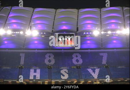 Hambourg, Allemagne. 25 septembre 2024. Football, Europa League, tour préliminaire, journée 1, Dynamo Kiev - Lazio Roma, Volksparkstadion : le tableau de bord. Crédit : Claus Bergmann/dpa/Alamy Live News Banque D'Images