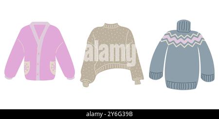 Ensemble de chandails chauds et confortables. Pull en laine mignonne de dessin animé. Pull tricoté pull d'hiver collant. Collection d'icônes isolées de vecteur de vêtements de décembre Illustration de Vecteur