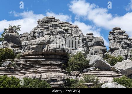 Formations rocheuses massives sous un ciel bleu avec nuages blancs et végétation verte, montagnes karstiques, Torcal Alto, El Torcal de Antequera, Sierra del Torc Banque D'Images