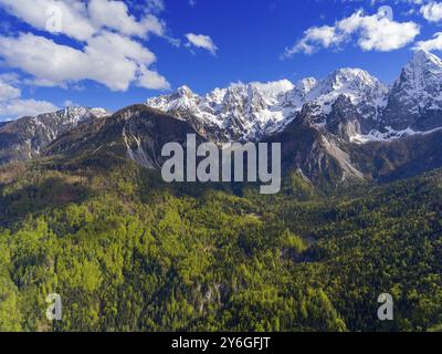 Vue aérienne sur les montagnes dans le parc national du Triglav en Slovénie au printemps Banque D'Images