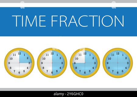 Fraction de temps avec différents styles, matériel éducatif, horloges montrant le temps différent dans le style bleu, illustrations vectorielles Illustration de Vecteur