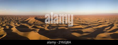 Beau panorama aérien dans le paysage désert du Sahara au lever du soleil Banque D'Images