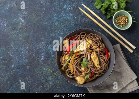 Nourriture, nourriture, plat japonais nouilles soba sarrasin avec poulet et légumes carotte, poivron et haricots verts dans un bol gris, vue de dessus, espace copie Banque D'Images