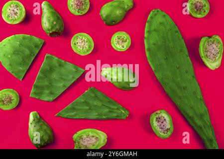 Nourriture, feuilles de cactus et fruits de cactus, thon sur fond rose. Mise en page créative. Vue de dessus Banque D'Images