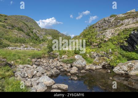 Paysage avec le ruisseau de montagne Studalselva à Munkebu-stig, Sorvagen, Lofoten, Norvège, Europe Banque D'Images