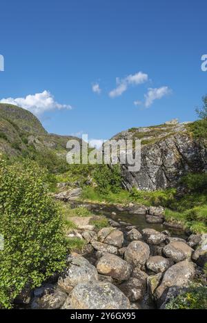 Paysage avec le ruisseau de montagne Studalselva à Munkebu-stig, Sorvagen, Lofoten, Norvège, Europe Banque D'Images