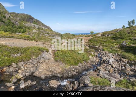 Paysage avec le ruisseau de montagne Studalselva à Munkebu-stig, Sorvagen, Lofoten, Norvège, Europe Banque D'Images