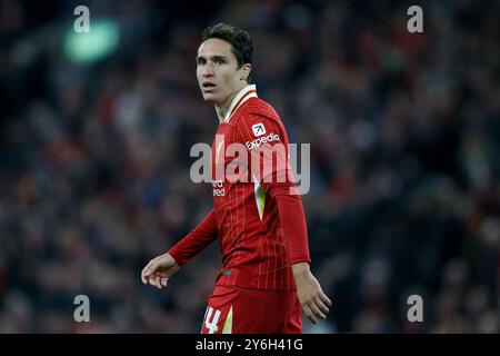 Liverpool, Royaume-Uni. 25 septembre 2024. Federico Cheese de Liverpool regarde. Coupe Carabao, match de 3ème tour de la Coupe EFL, Liverpool v West Ham Utd à Anfield à Liverpool le mercredi 25 septembre 2024. Cette image ne peut être utilisée qu'à des fins éditoriales. Usage éditorial exclusif, photo de Chris Stading/Andrew Orchard photographie sportive/Alamy Live News crédit : Andrew Orchard photographie sportive/Alamy Live News Banque D'Images