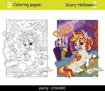 Licorne effrayée et pied de poney zombie de la tombe, lettrage Boo. Concept d'Halloween. Coloration pour enfants avec échantillon de couleur. Illustration vectorielle. Pour col Illustration de Vecteur